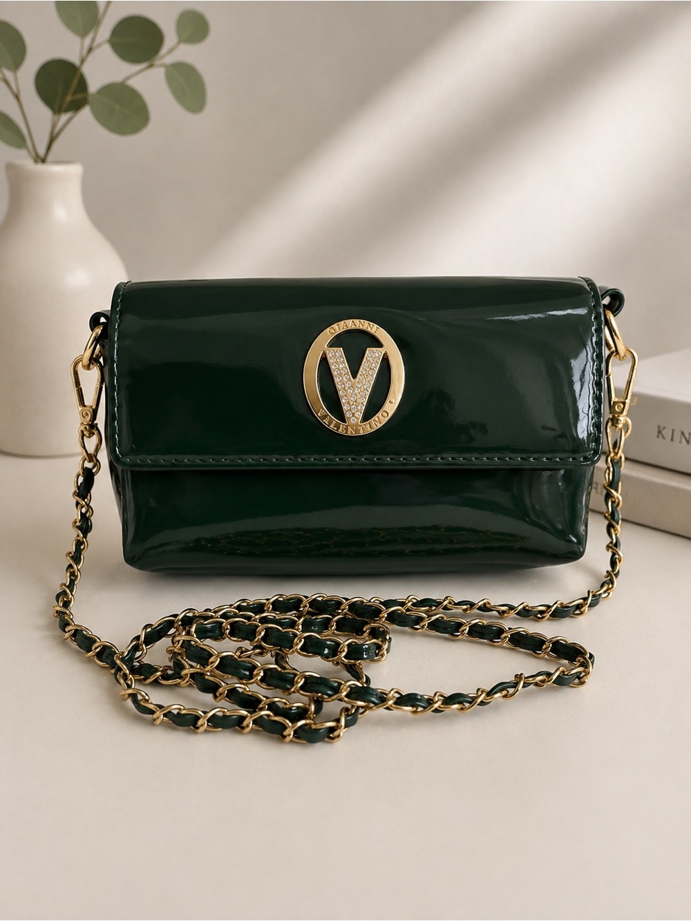 Valentino Orlandi Dark Green Patent Crossbody with Gold Chain
